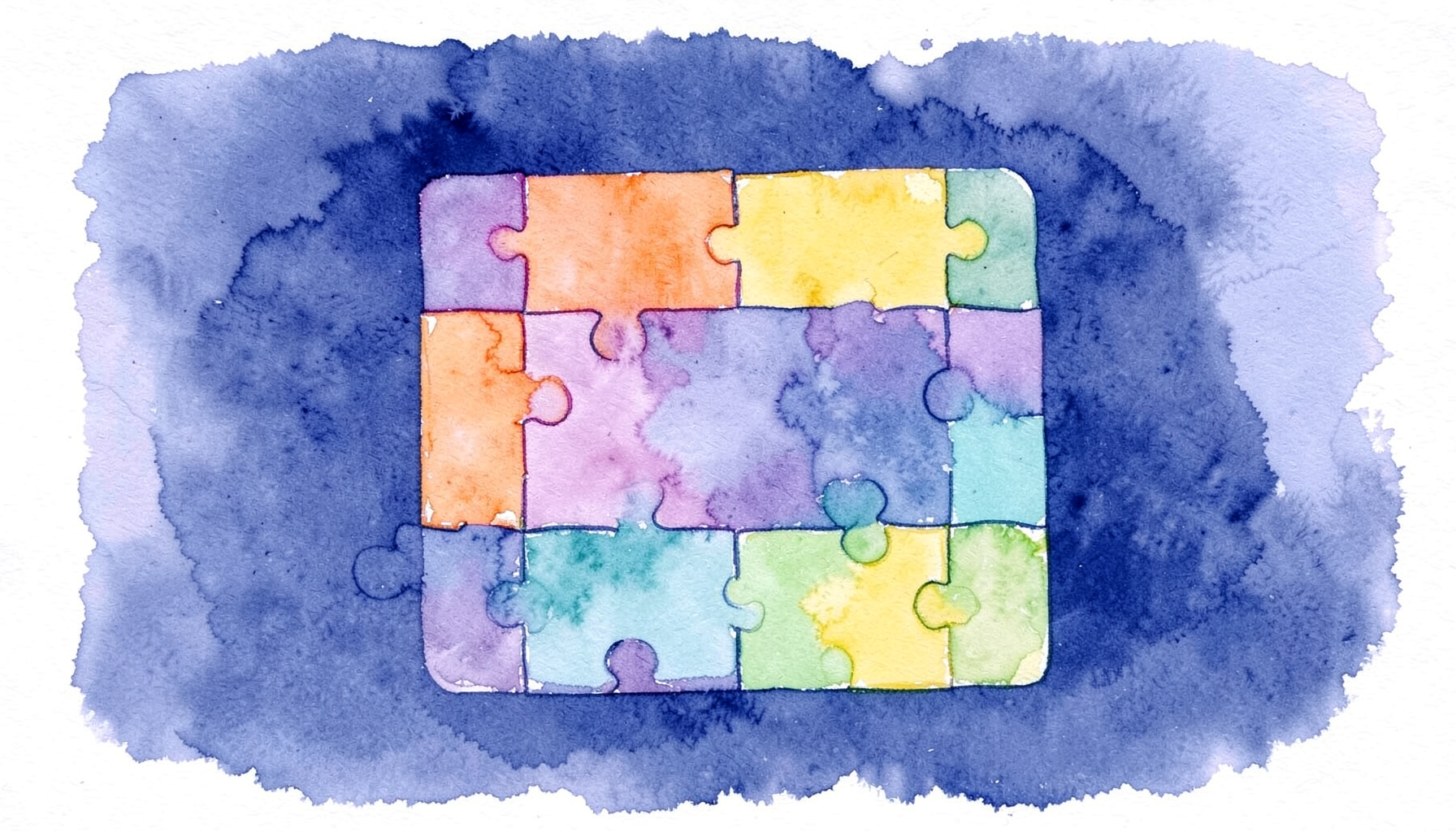 Ilustrasi cat air lembut berbentuk kepingan puzzle bernombor dengan warna oren, ungu, teal, dan kuning lembut menggambarkan langkah perancangan kewangan secara ringkas dan ceria